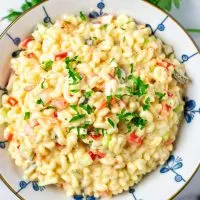 View from above on the Macaroni Salad bowl, with creamy dressing.