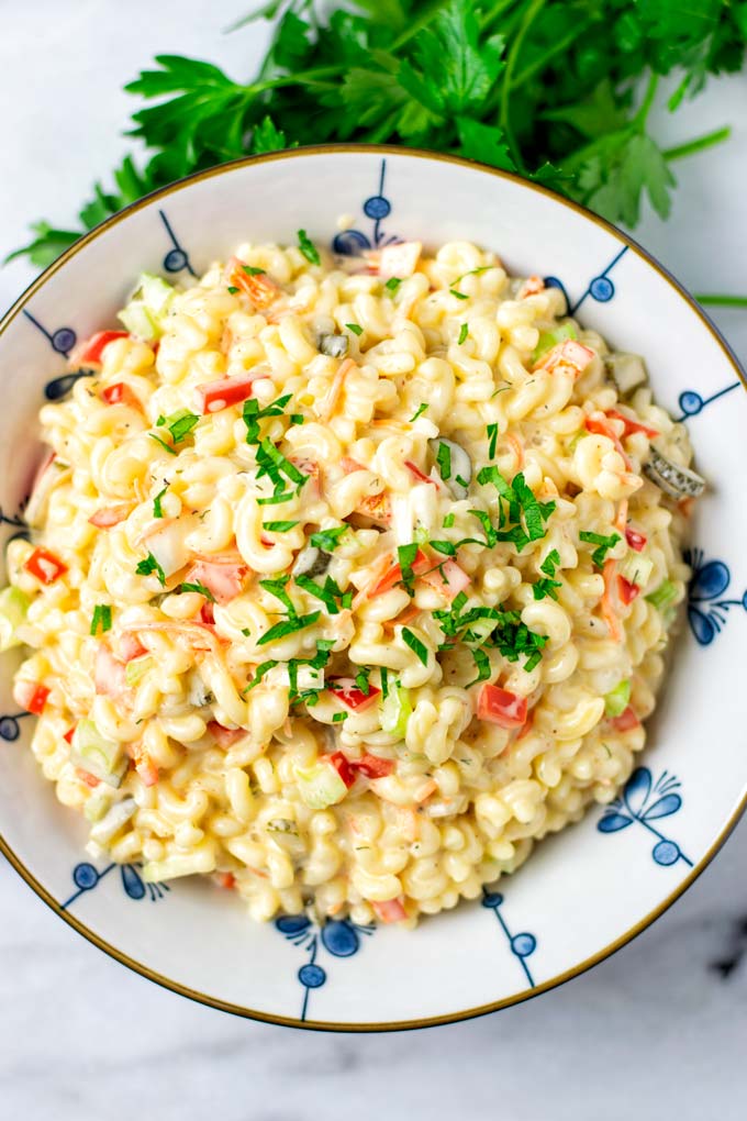 View from above on the Macaroni Salad bowl, with creamy dressing.