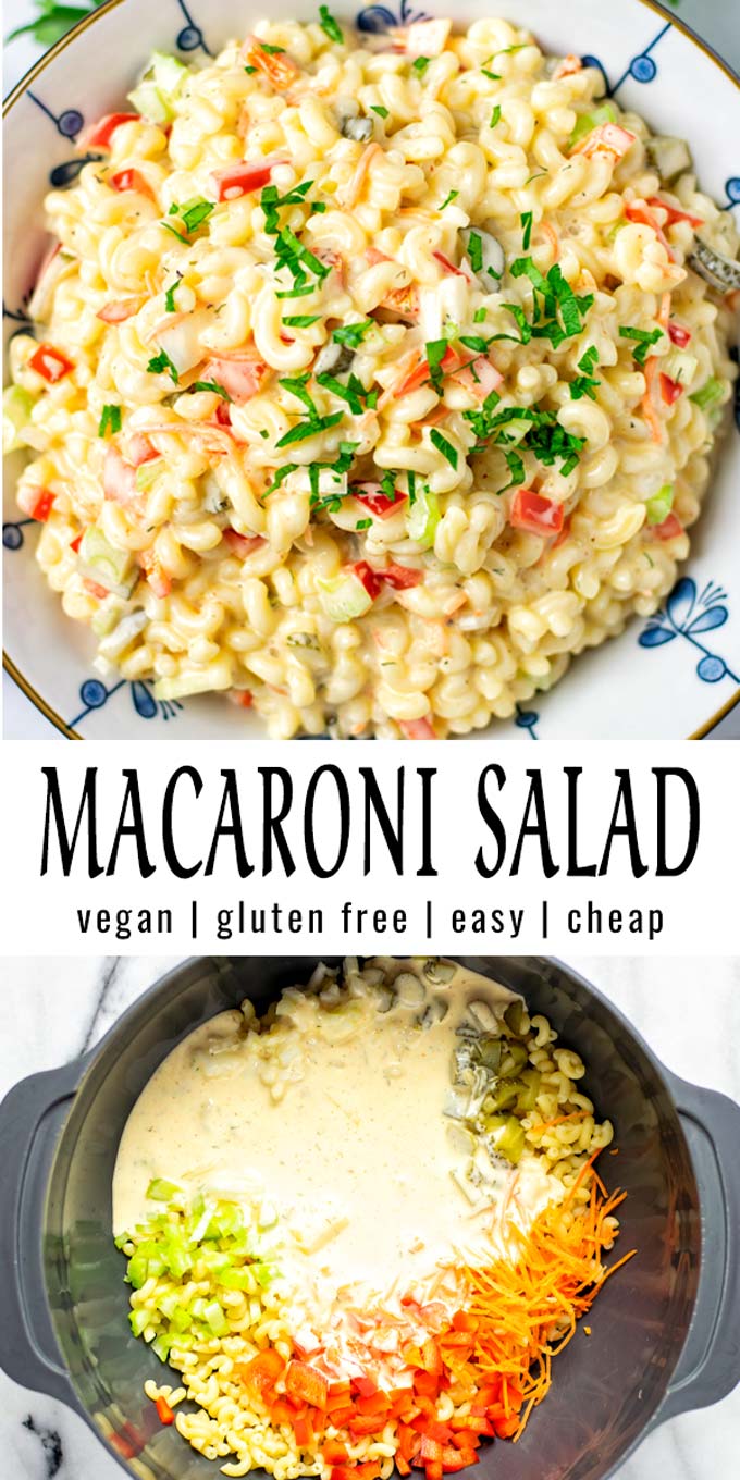 Collage of two pictures of the Macaroni Salad with recipe title text.