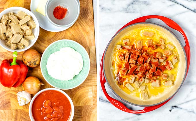 Ingredients needed for this Paprikash recipe on a wooden board.