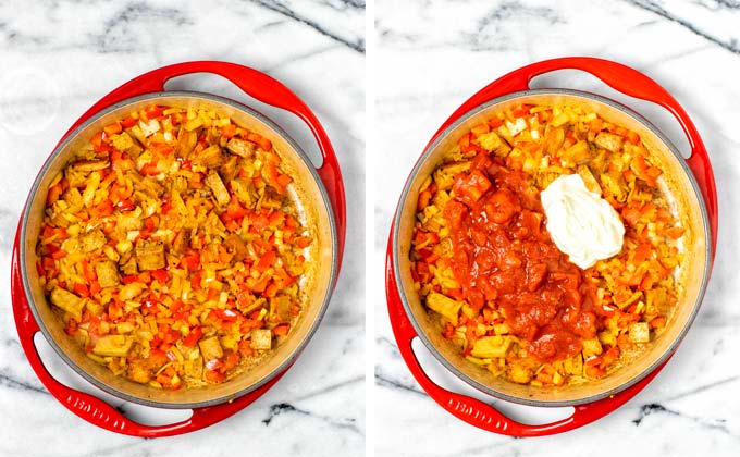 Sour cream and diced tomatoes are added to the fried vegan chicken.