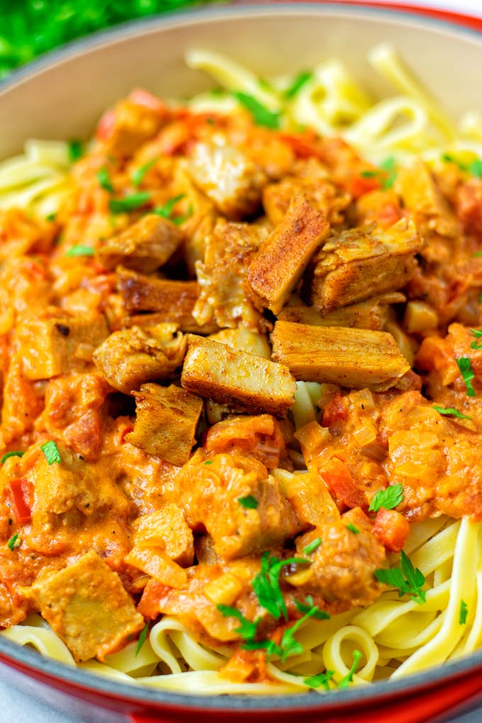 Closeup of the Paprikash with the vegan chicken.