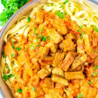 Top view on a sauce pan full with Paprikash served over pasta.