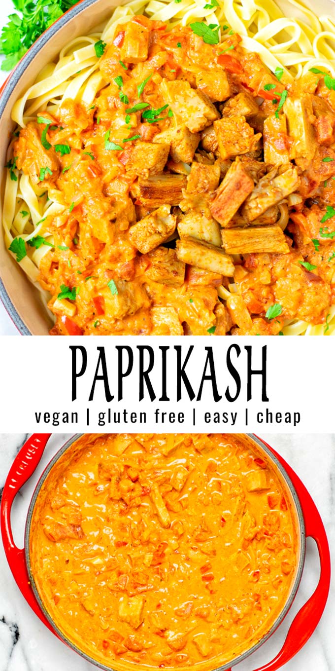 Collage of two pictures of this vegan Paprikash with recipe title text.