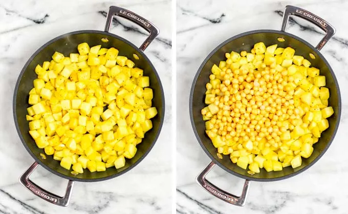 Potato cubes and chickpeas are roasted in a frying pan.