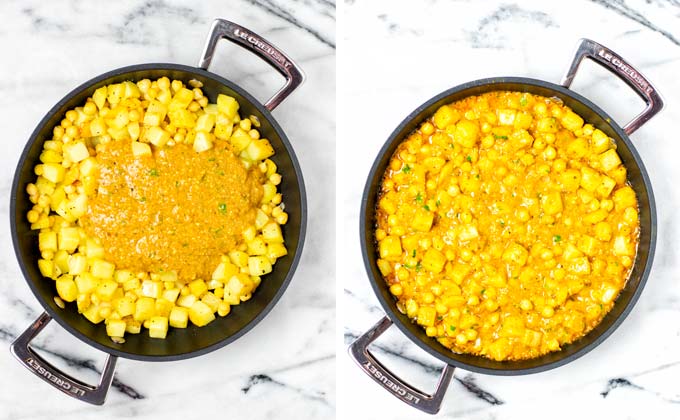 Homemade Tikka Masala sauce is added to the potatoes and chickpeas in the frying pan.