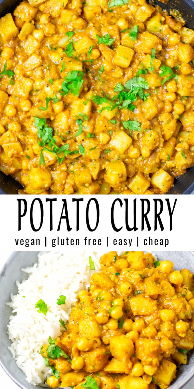 Collage of two pictures of the Potato Curry with recipe title text.