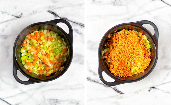 First steps sautéing the vegetables and briefly the uncooked red lentils.