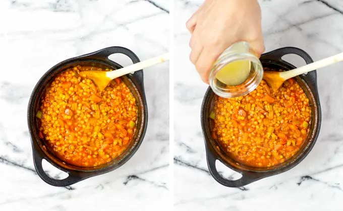 Showing the Red Lentil Soup after cooking and giving a bit of lemon juice to it.