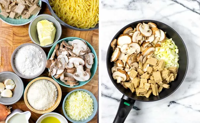 Ingredients needed for this Tetrazzini Recipe on a wooden board.