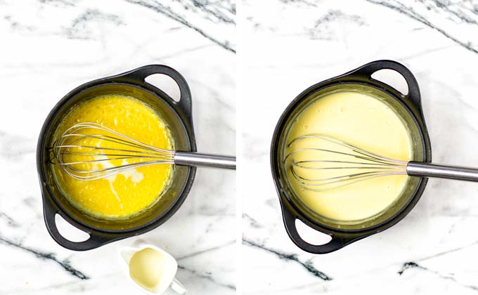 Plant milk is whisked into the flour-butter mixture.