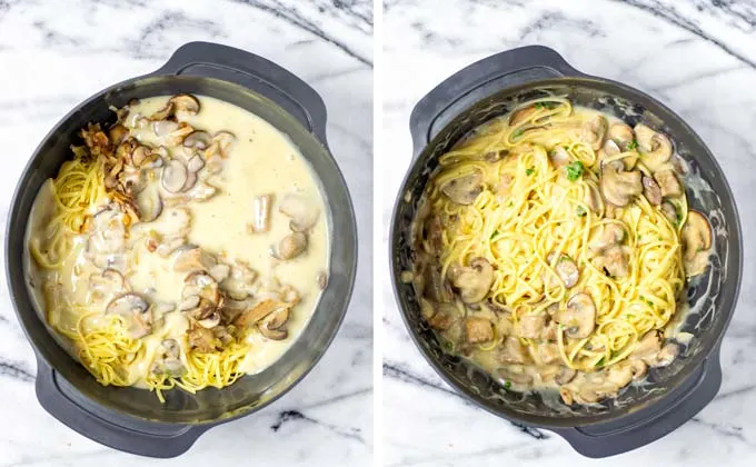 All ingredients for this Tetrazzini are mixed in a large mixing bowl.
