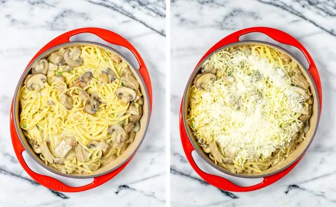 Mixed pasta, vegan chicken, mushrooms, sauce are transferred into a casserole and covered with vegan cheese.