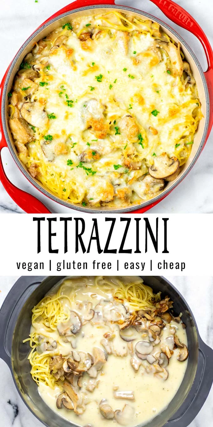 Collage of two pictures of the Tetrazzini with recipe title text.