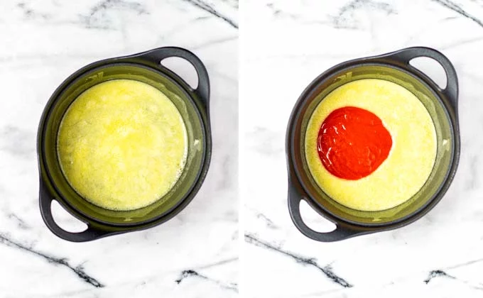 Melted butter and hot sauce are mixed in a sauce pan.