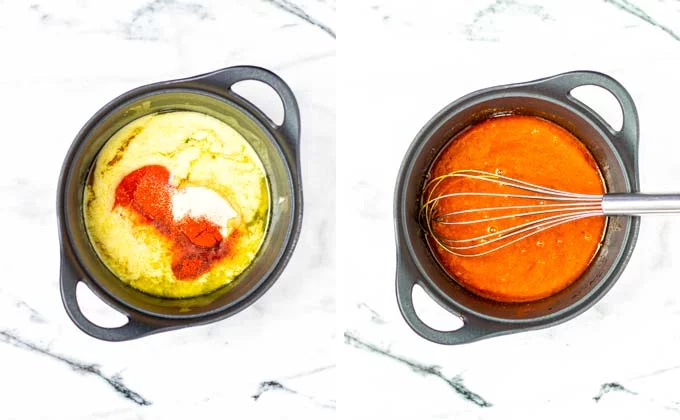 Showing sauce pan before and after whisking and bringing the Wing Sauce to a boil.