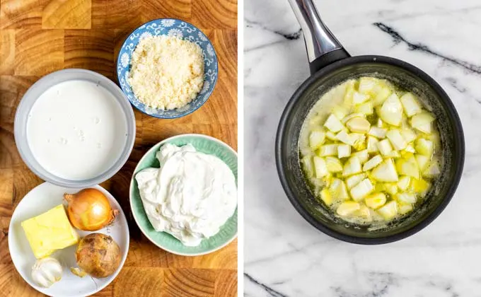 Ingredients for this Alfredo Sauce on a wooden board.