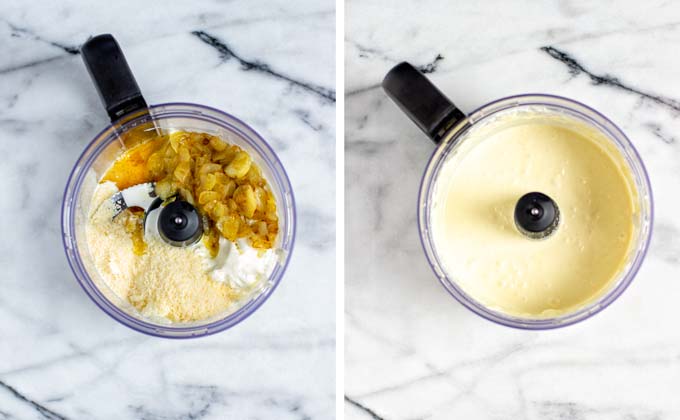 Creamy ingredients and fried onions and garlic and mixed in a food processor.