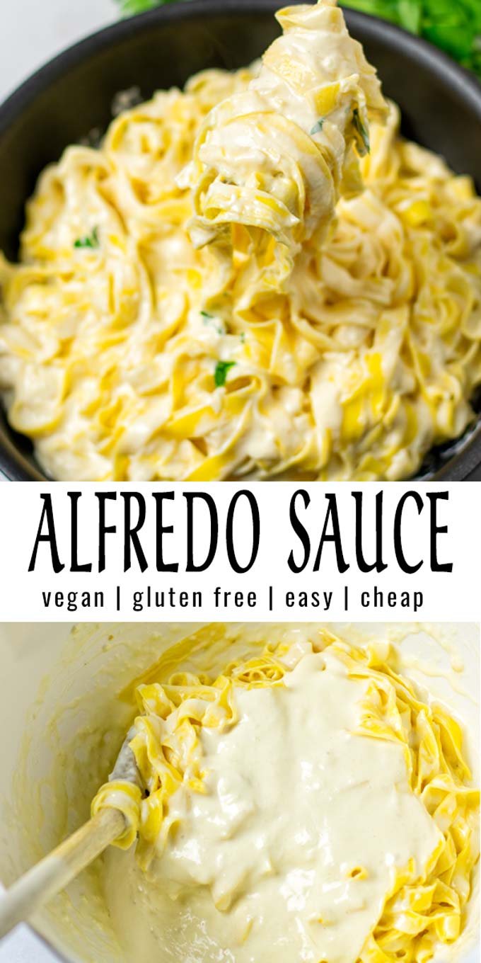 Collage of two pictures of the Alfredo Sauce with recipe title text.