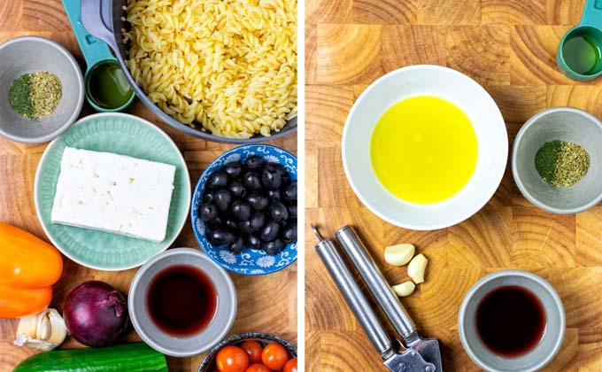 Ingredients for the Greek Pasta Salad on a wooden board.