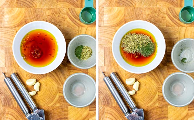 Making the salad dressing: mix of red vinegar with herbs.