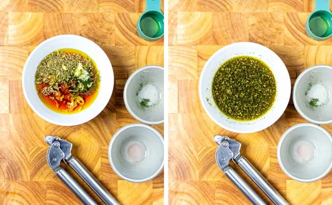 Adding garlic to the dressing and mixing it all in a small white bowl.