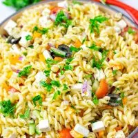 Greek Pasta Salad served in a dish.