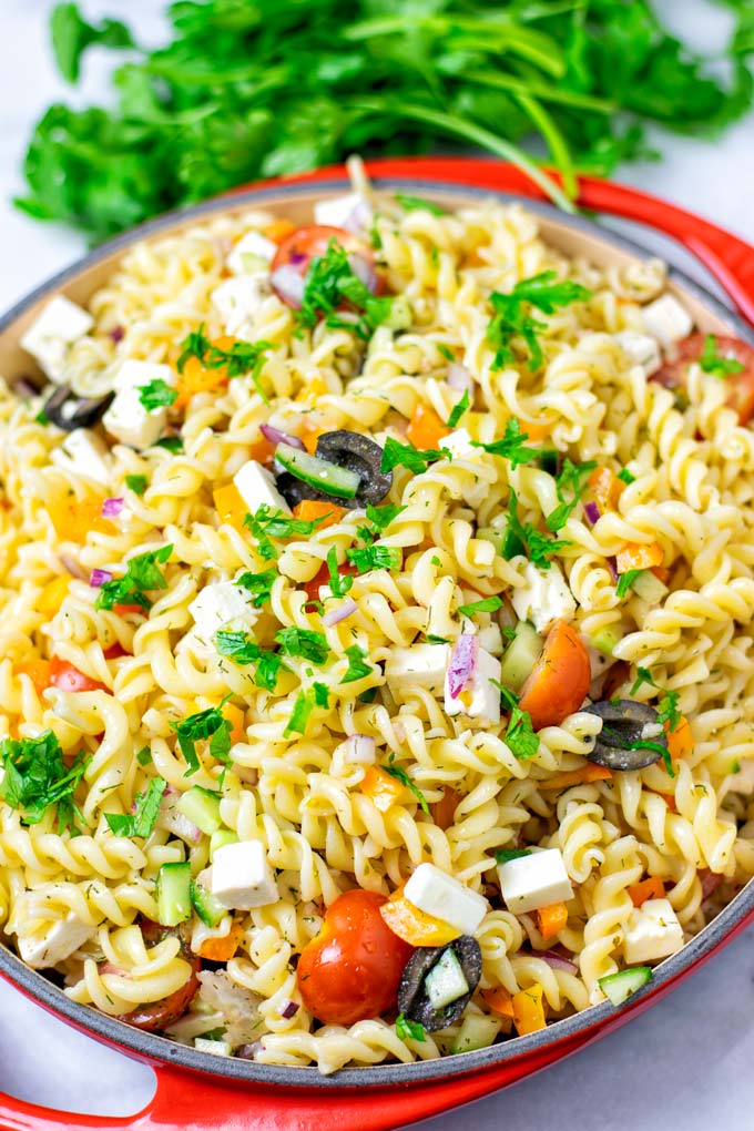 Greek Pasta Salad served in a dish.