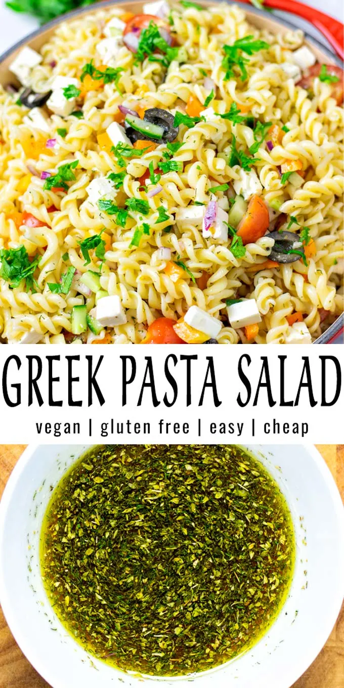 Collage of two pictures of the Greek Pasta Salad with recipe title text.