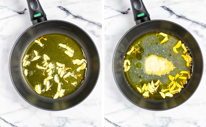 Frying the garlic in olive oil in a small pan.