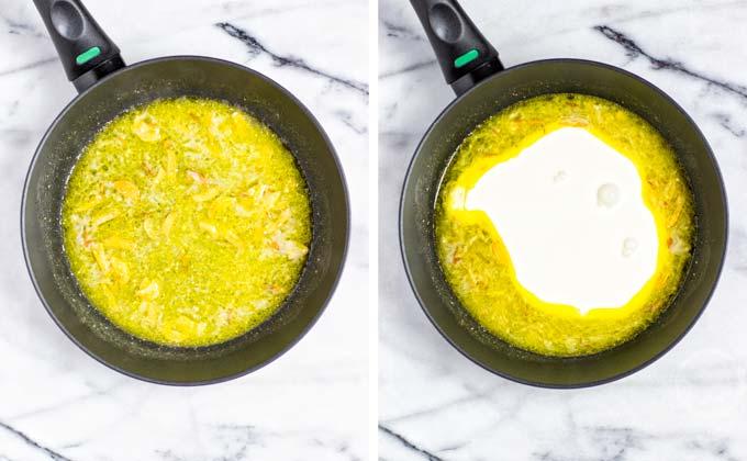 Adding freshly pressed lemon juice and soy cream.