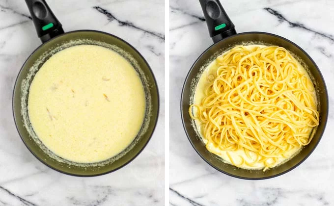 Precooked pasta is given into the ready lemon sauce in the pan.