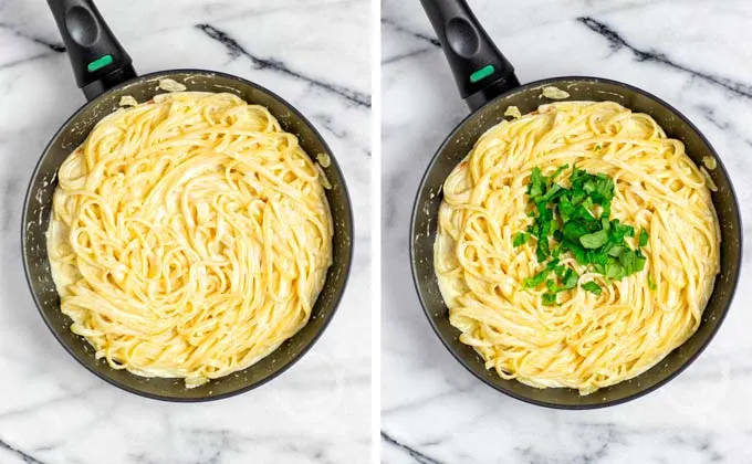 Mixing the pasta with the sauce and topping with basil.