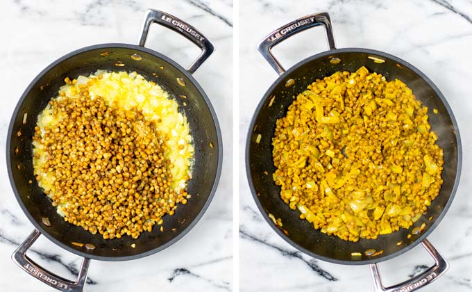 Adding canned lentils and spices to the onions in the pan.