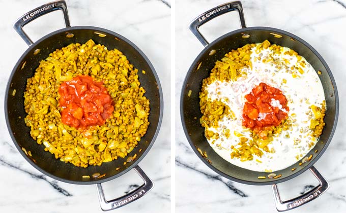 Final step is adding crushed tomatoes and coconut milk to the pan.