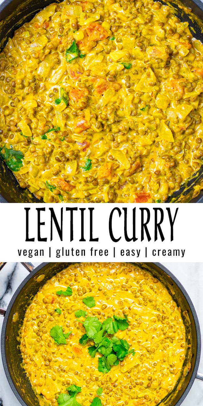 Collage of two pictures of the Lentil Curry with recipe title text.