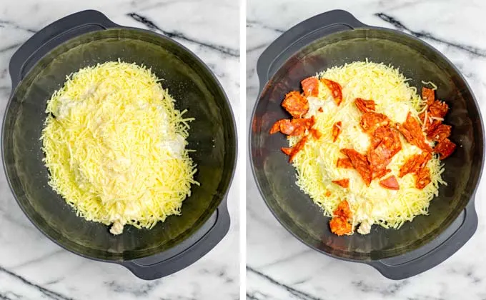 Mixing the vegan cream cheese filling ingredients in a large bowl.