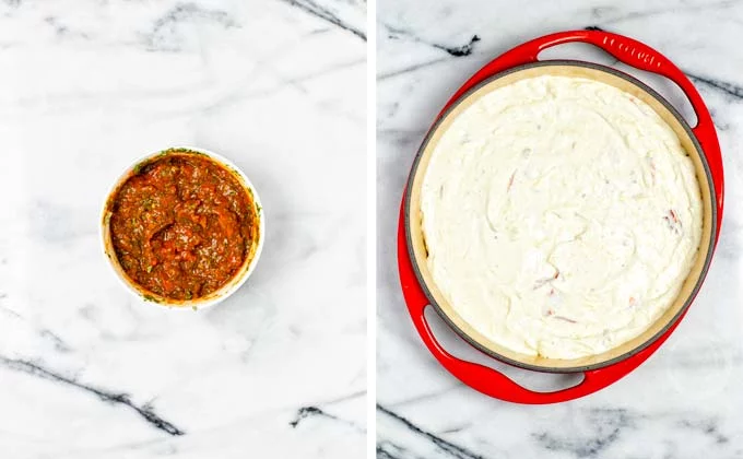 Cream cheese filling is transferred to a casserole dish.