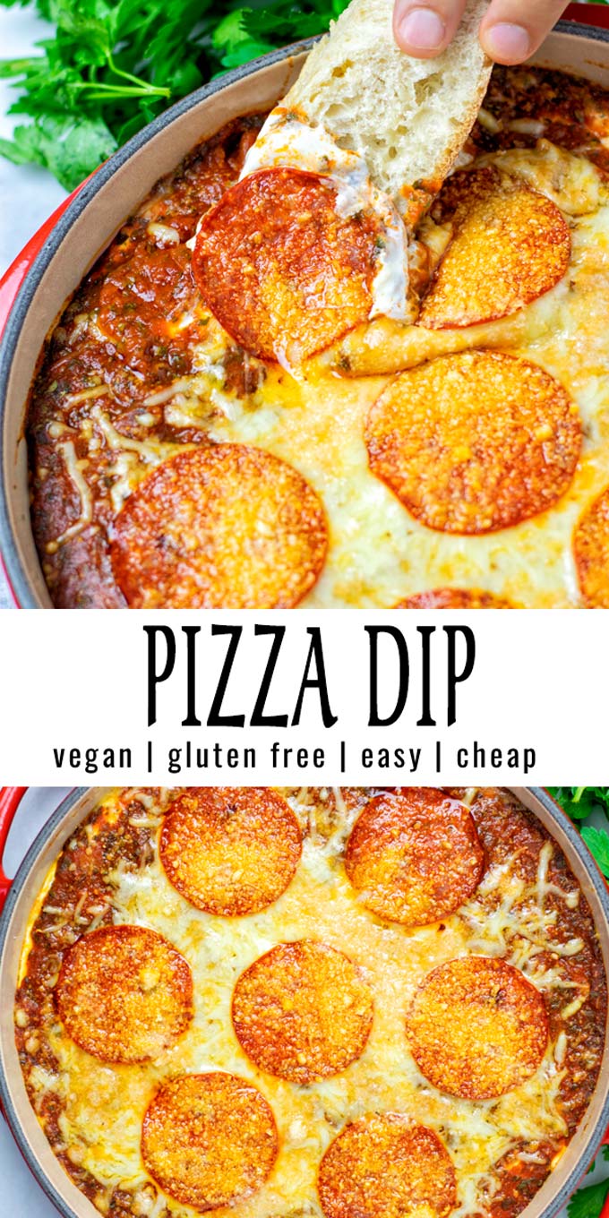 Collage of two pictures of the Pizza Dip with recipe title text.