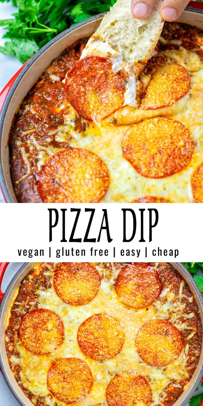 Collage of two pictures of the Pizza Dip with recipe title text.