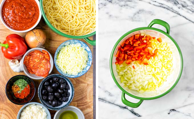 Ingredients for making these Pizza Spaghetti on a wooden board.