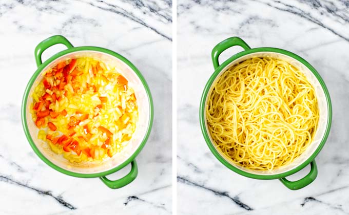 Onions, and bell pepper are sauteed in a large pot, precooked spaghetti then added.