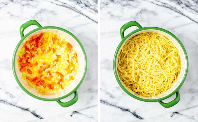 Onions, and bell pepper are sauteed in a large pot, precooked spaghetti then added.