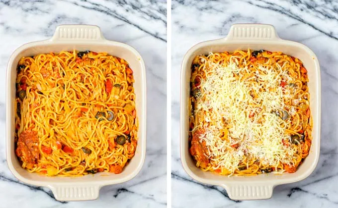 The Pizza Spaghetti mix is transferred to a casserole baking dish and covered in extra vegan cheese.