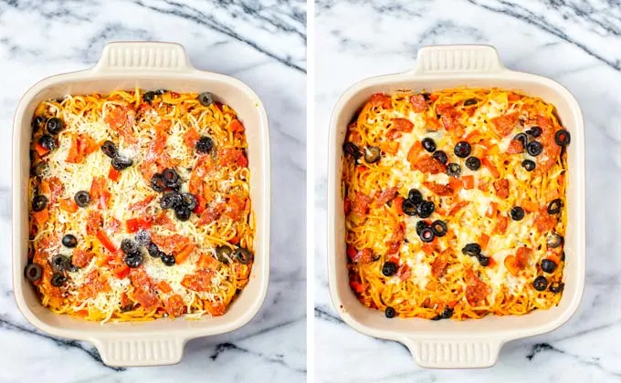 View of the Pizza Spaghetti in the casserole dish before and after baking.