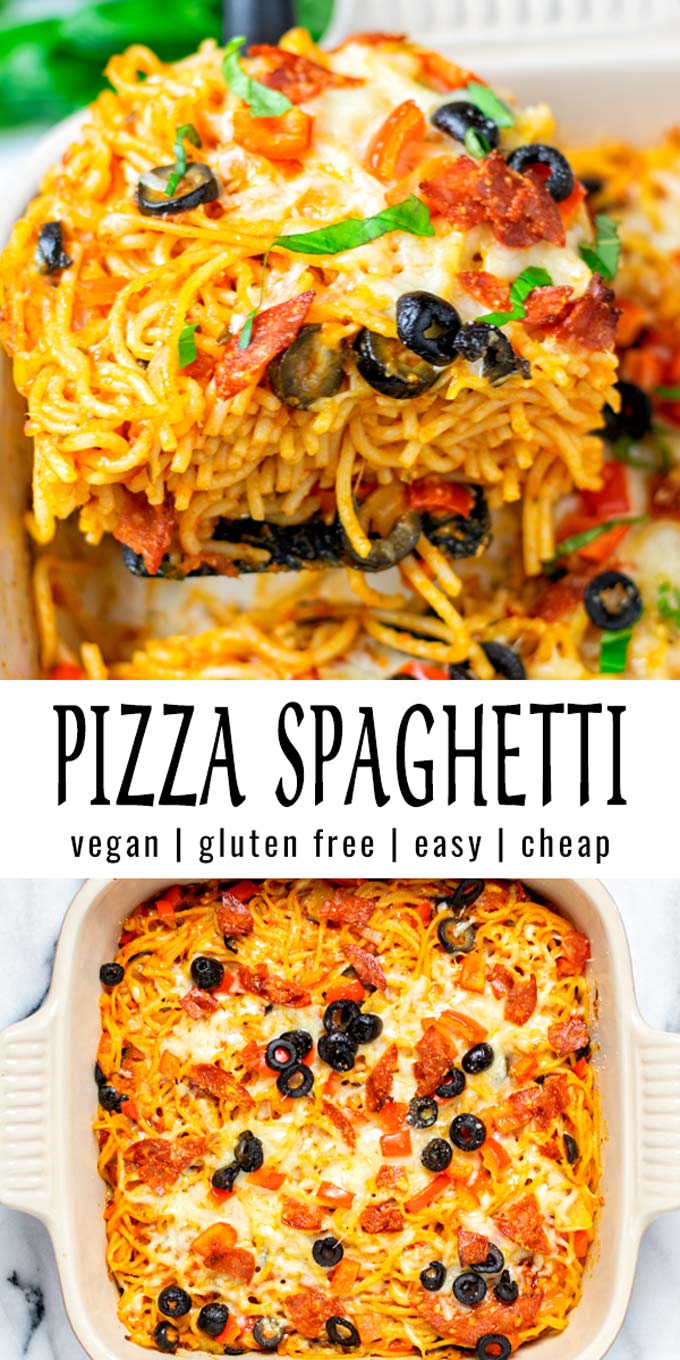 Collage of two pictures of the Pizza Spaghetti with recipe title text.