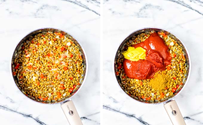 Second step: mixing in the lentils and ketchup, tomato paste, mustard, spices.