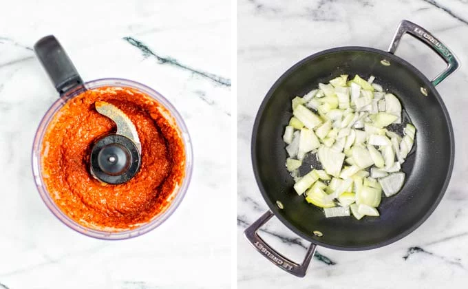 Making the homemade chili paste in a food processor.