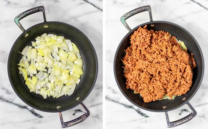 Frying the chopped onions and the vegan ground beef for the Texas Chili.