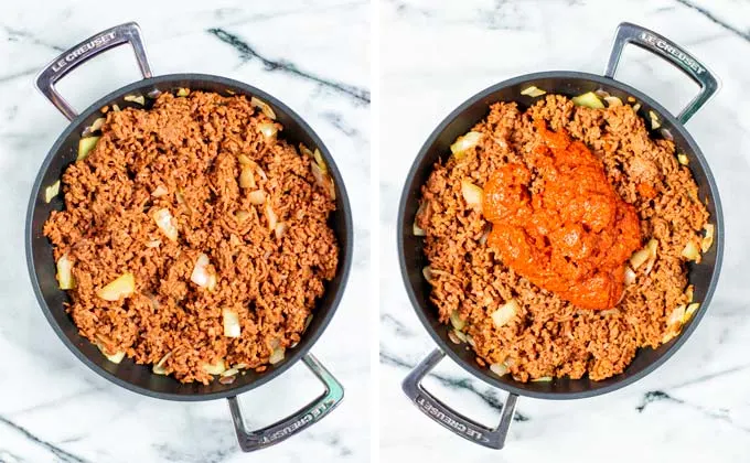 Mixing the chili paste with the ground beef in a pan.